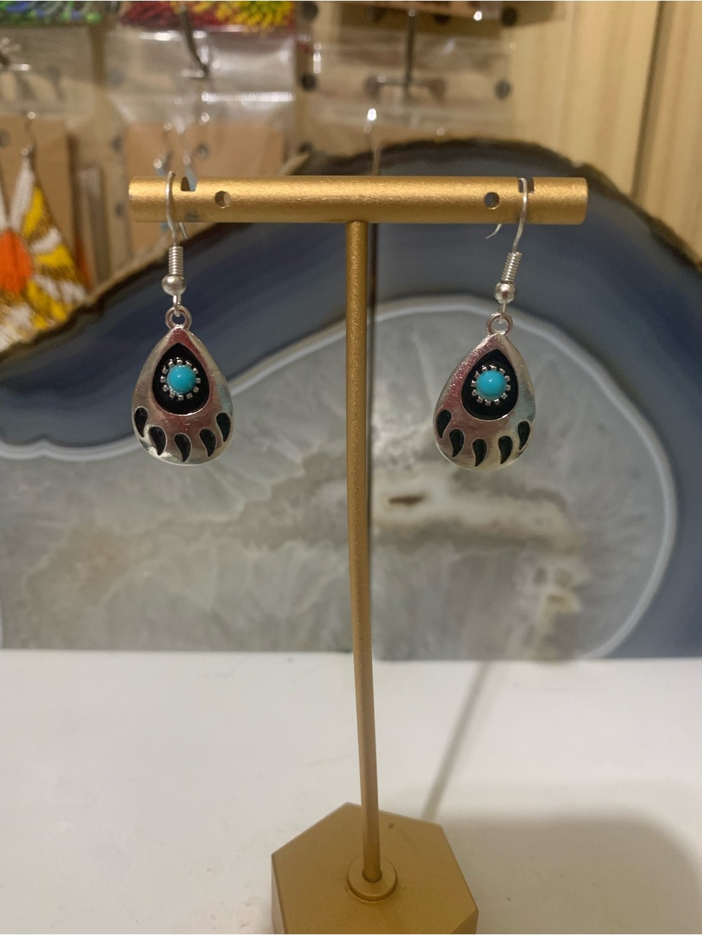 Faux Turquoise Accent Silver Teardrop Earrings - Women Jewelry